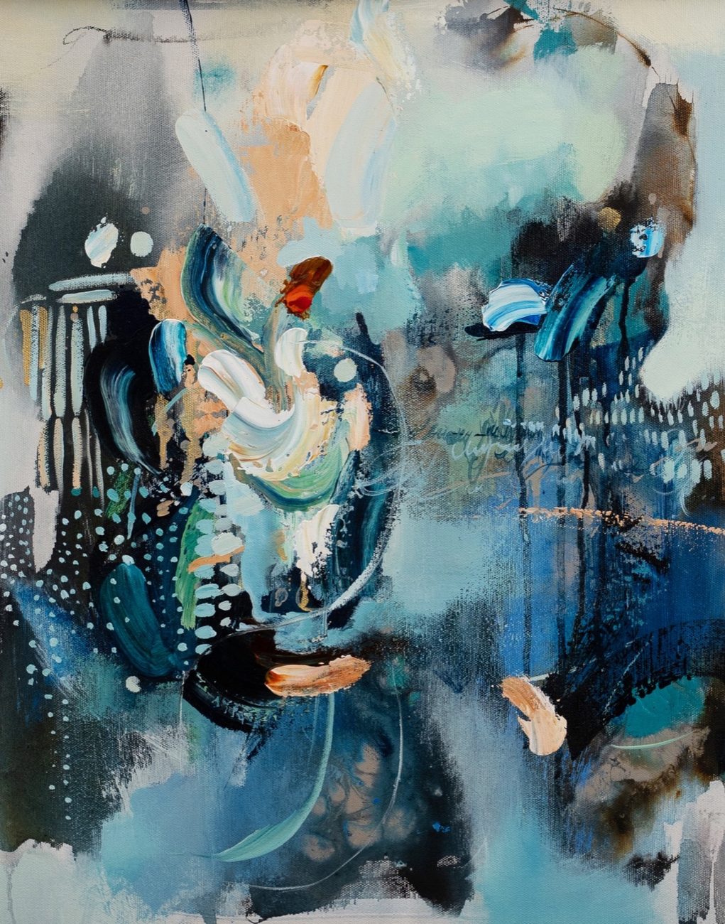An expressive acrylic abstract painting in teal, cream and warm ochre, painted by a beginner in the challenge