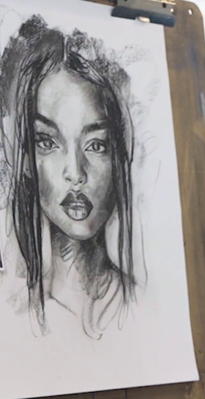 A charcoal portrait drawing, the first challenge project